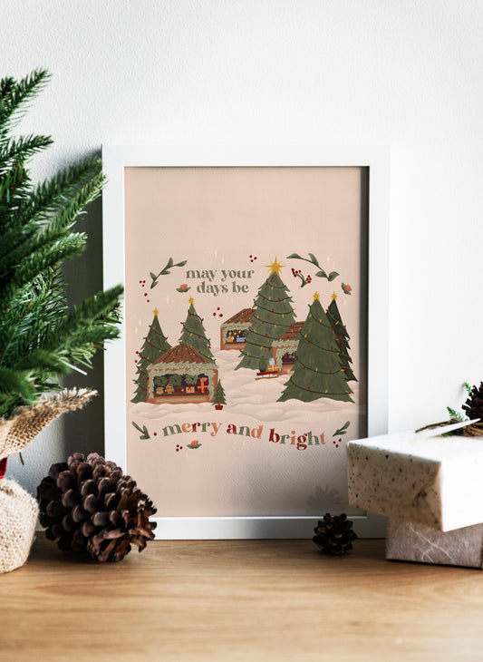 Christmas Poster - Merry and Bright | Holiday Quote Print