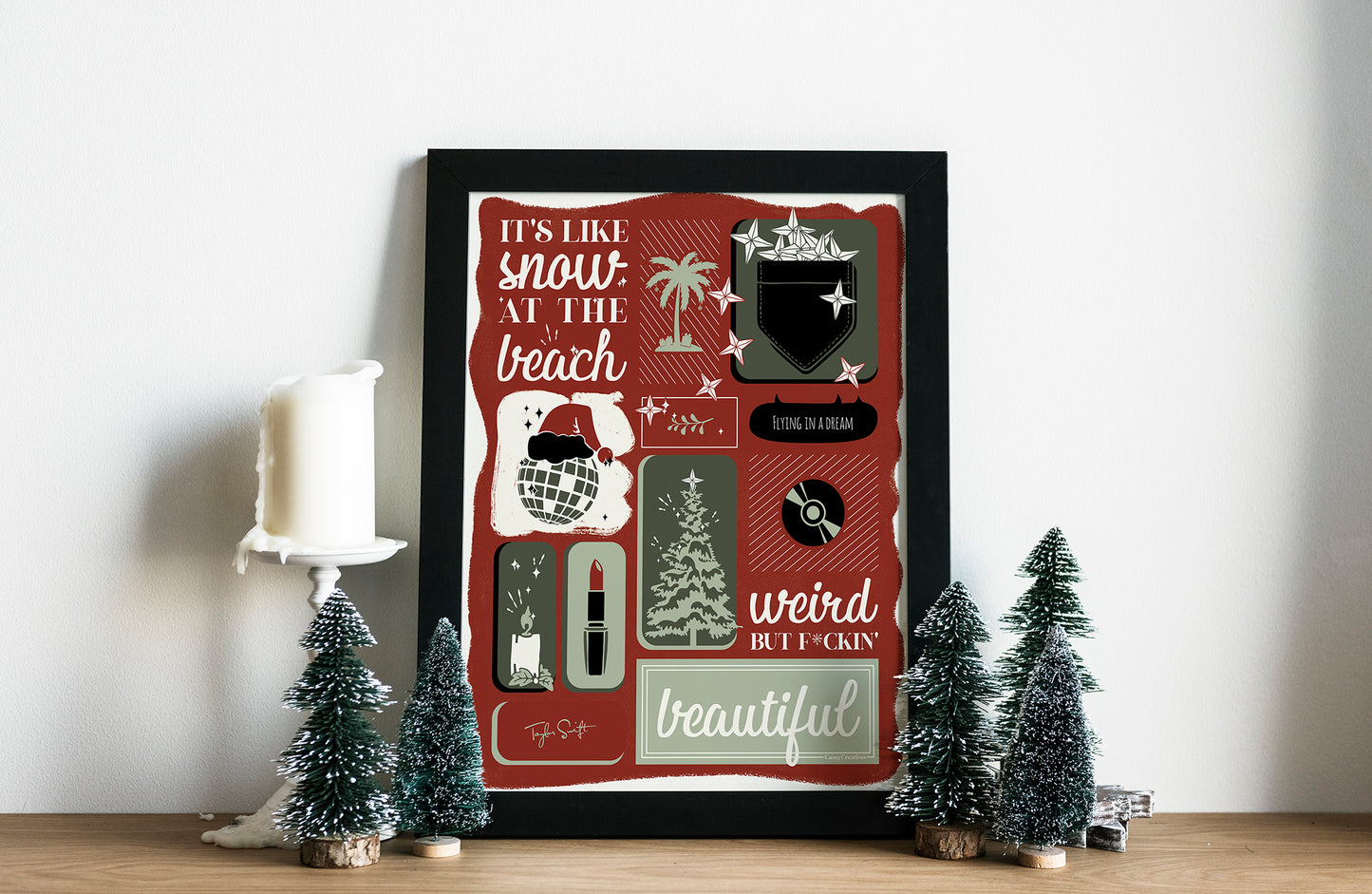 Illustrated Song Lyric Christmas Poster | Snow On the Beach Print