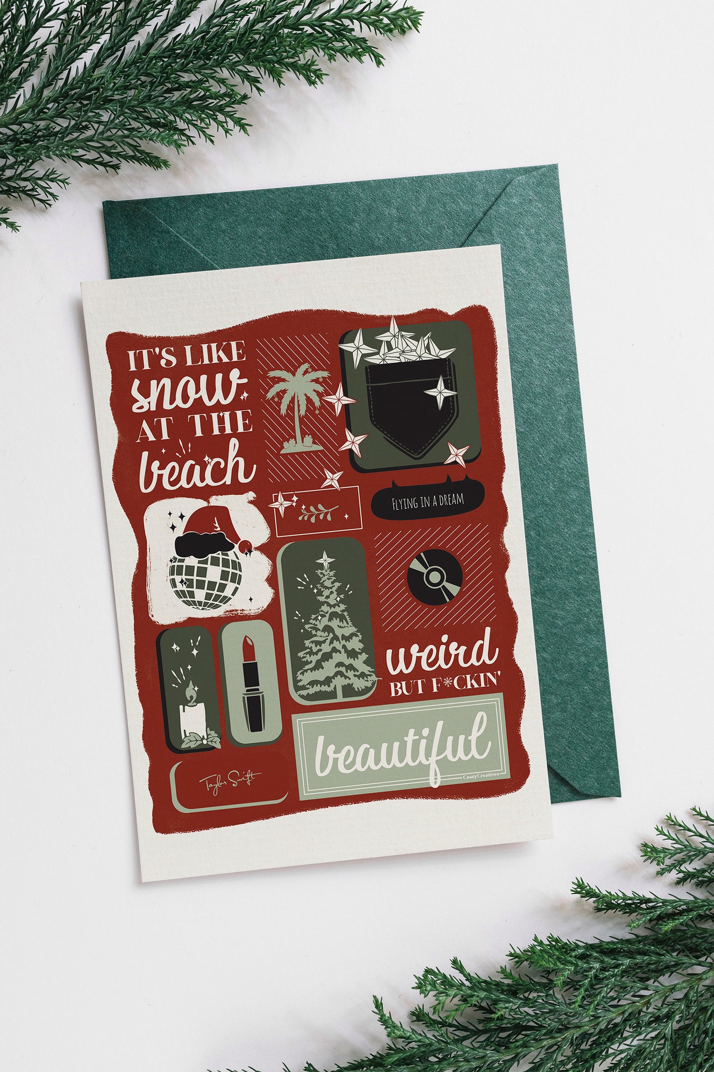 Illustrated Song Lyric Christmas Card | Snow On the Beach