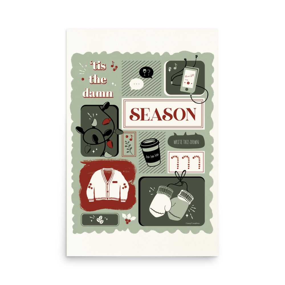 Illustrated Song Lyric Christmas Poster | Tis the Damn Season Print